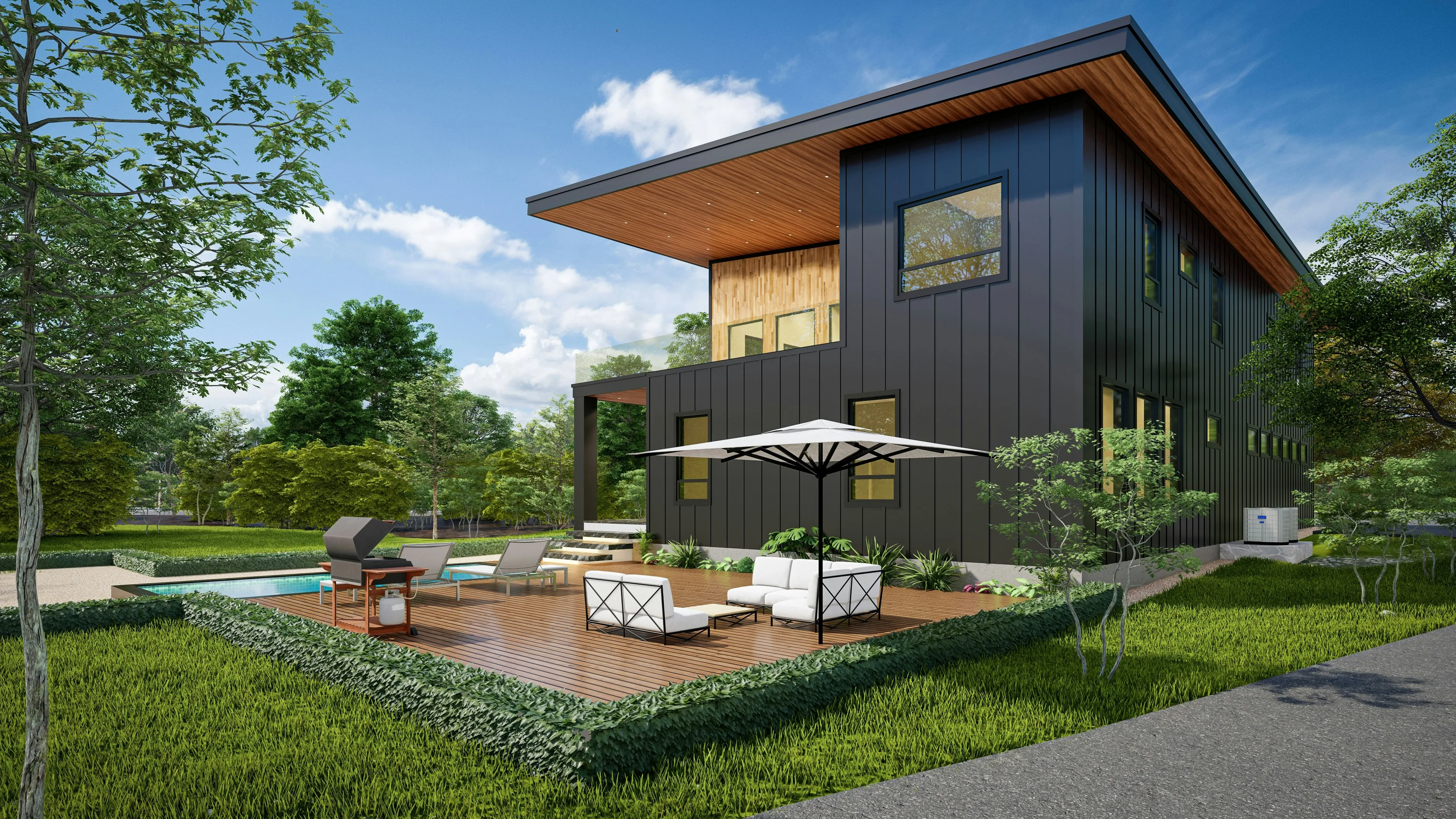Contemporary two-storey villa at dusk with warmly lit interiors, a covered timber deck and loungers