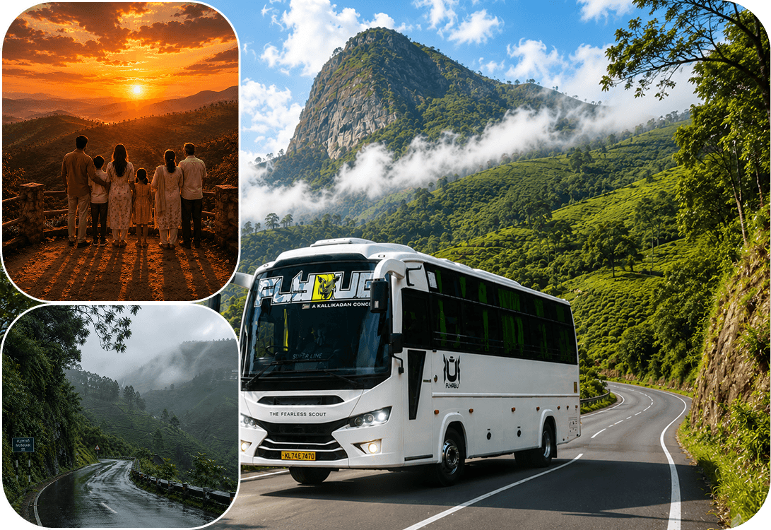 JourneyX travellers gathered on a green Kerala hillside beside their touring coach.