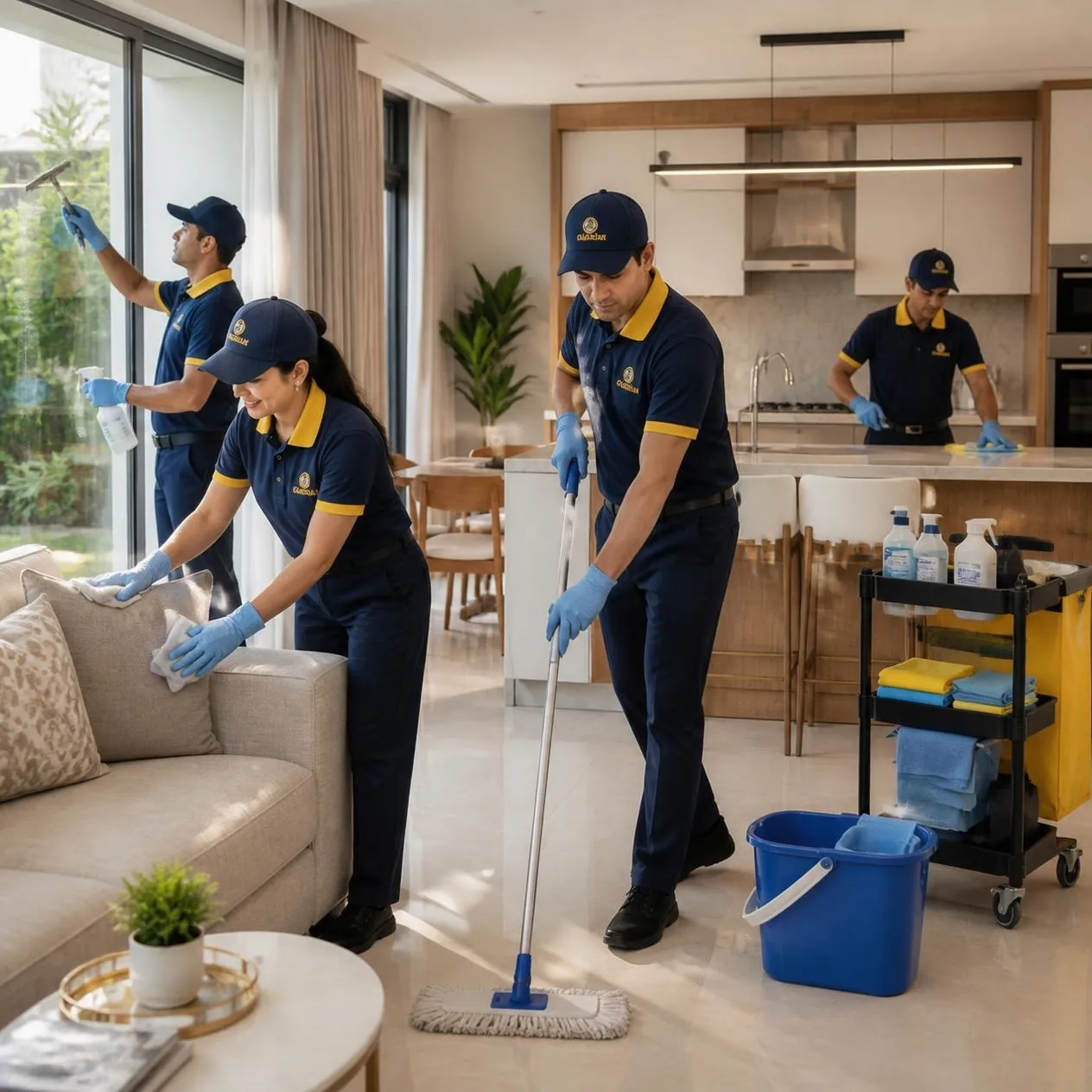 Professional cleaner wiping luxury surface with yellow rubber gloves