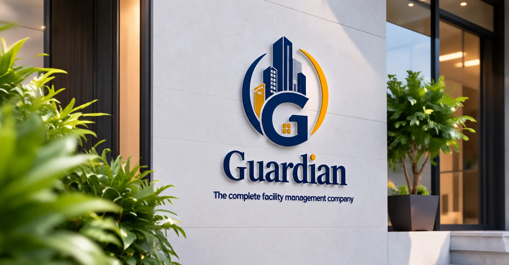 Guardian facility-management branding on modern wall with greenery