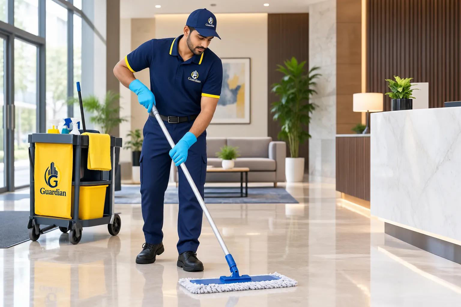 Dedicated professional cleaner caring for property lobby