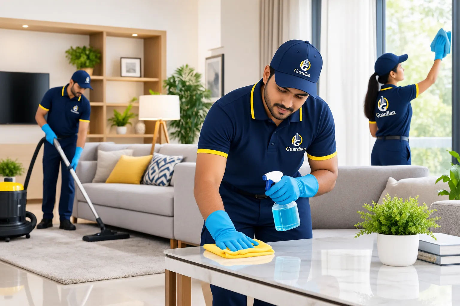 Professional cleaner wiping luxury surface with yellow rubber gloves