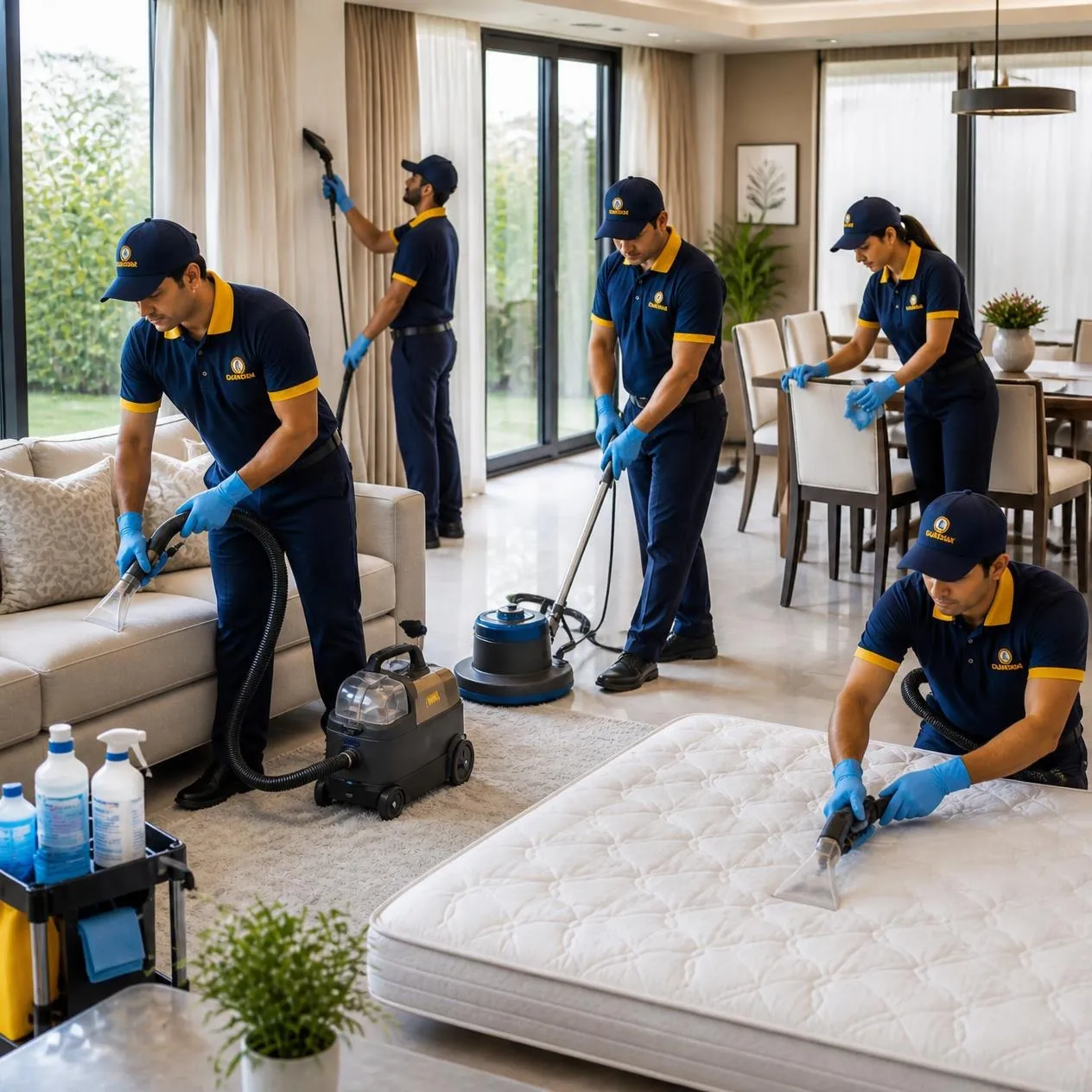 Professional home cleaner dusting and organizing residential interiors