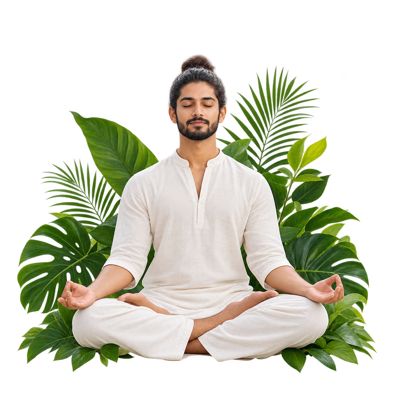 Yogi in Meditative Lotus Posture with Lush Foliage