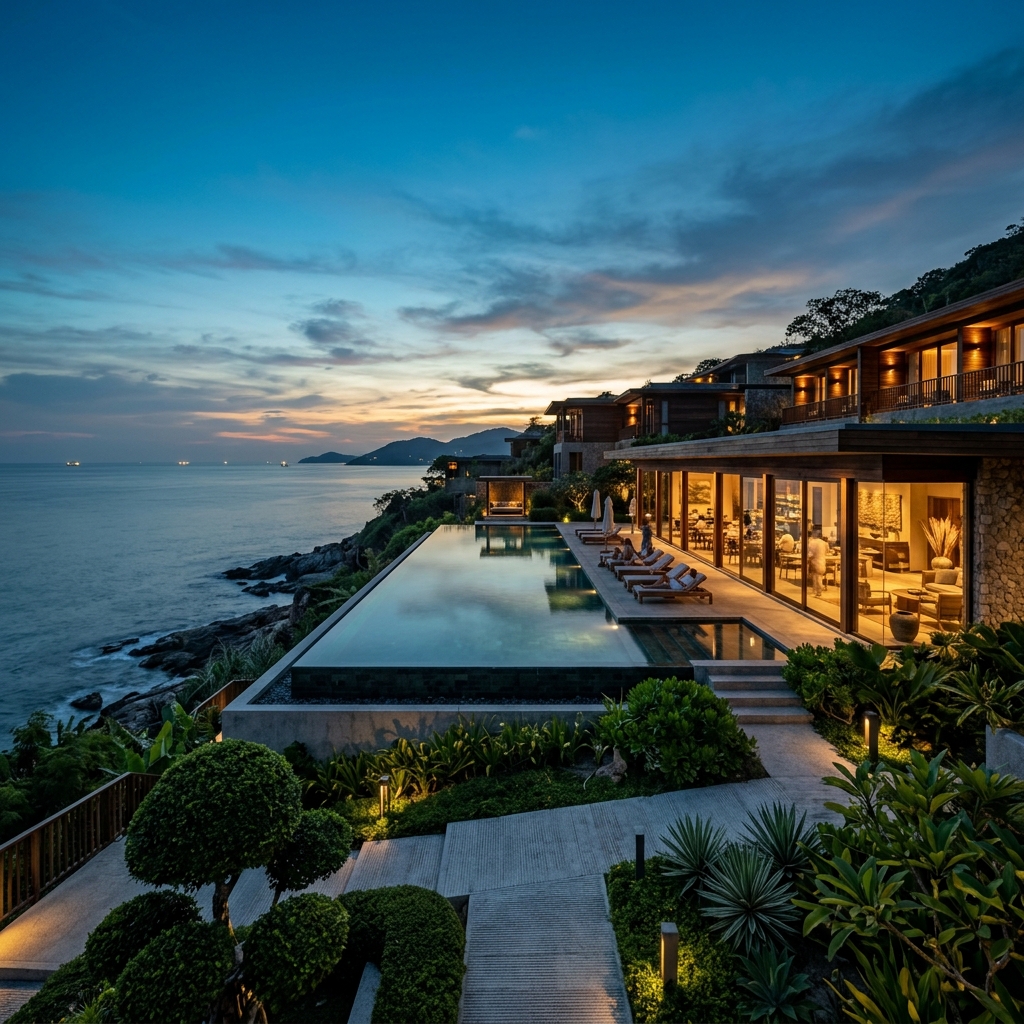 Oceanique Resort luxury eco villa at twilight with pool