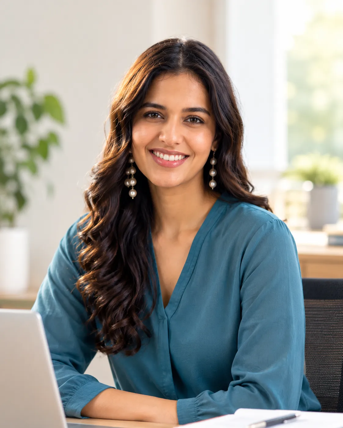 A confident woman entrepreneur smiling in a warm studio