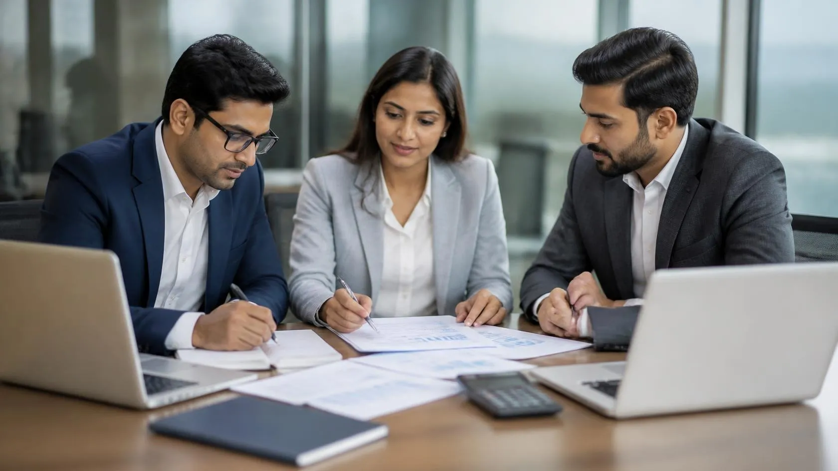 Professional financial planning and business loan advisory consultation with documents and laptops