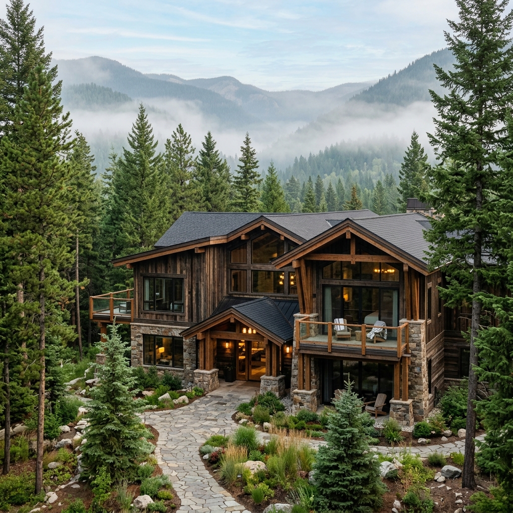 Luxury wooden resort cottages at dusk