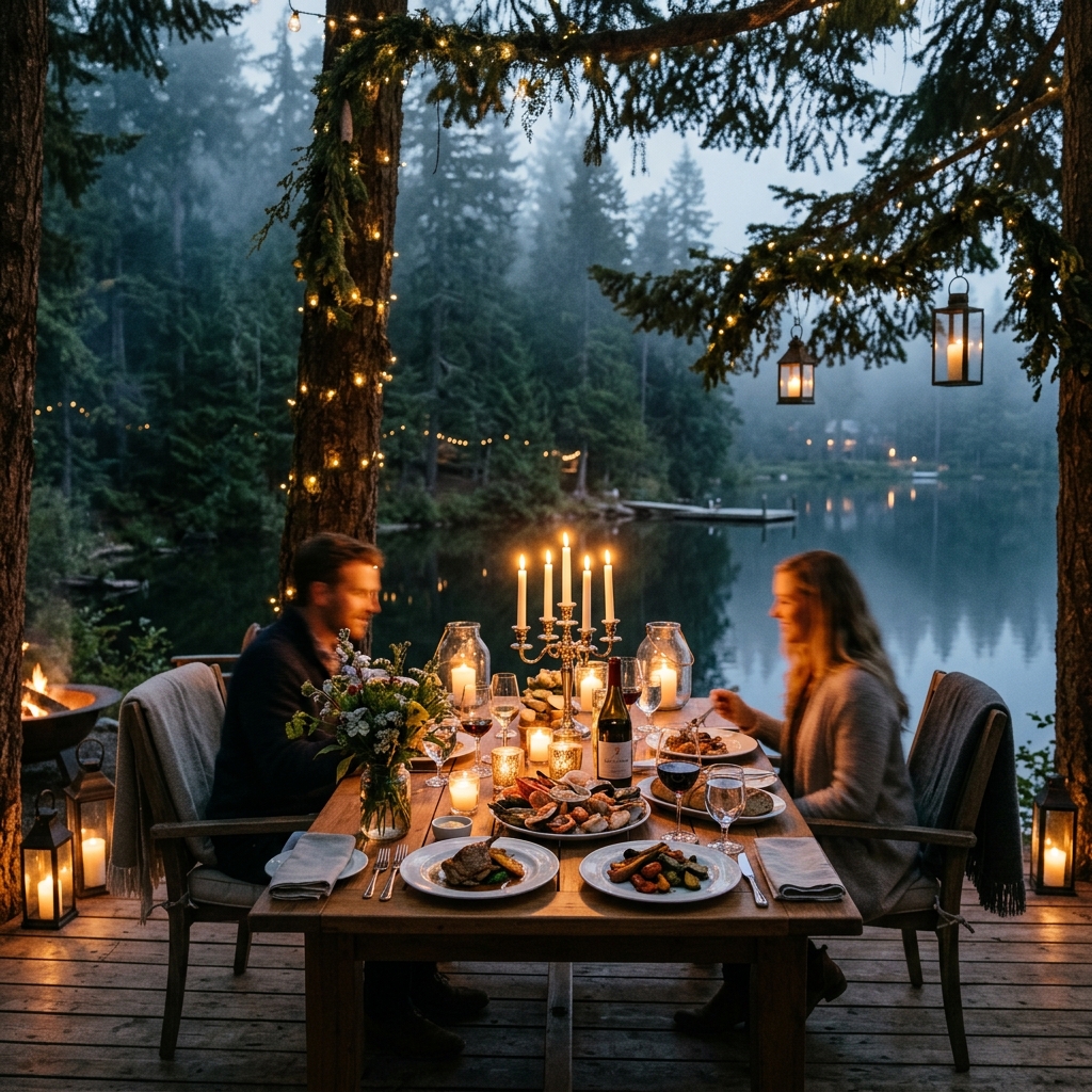 Quiet lakeside breakfast setup