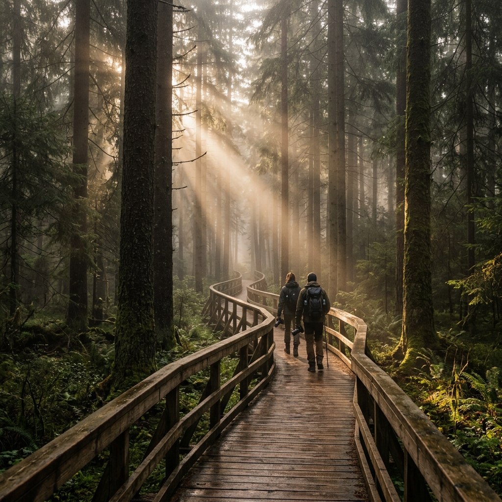 Misty forest hiking paths
