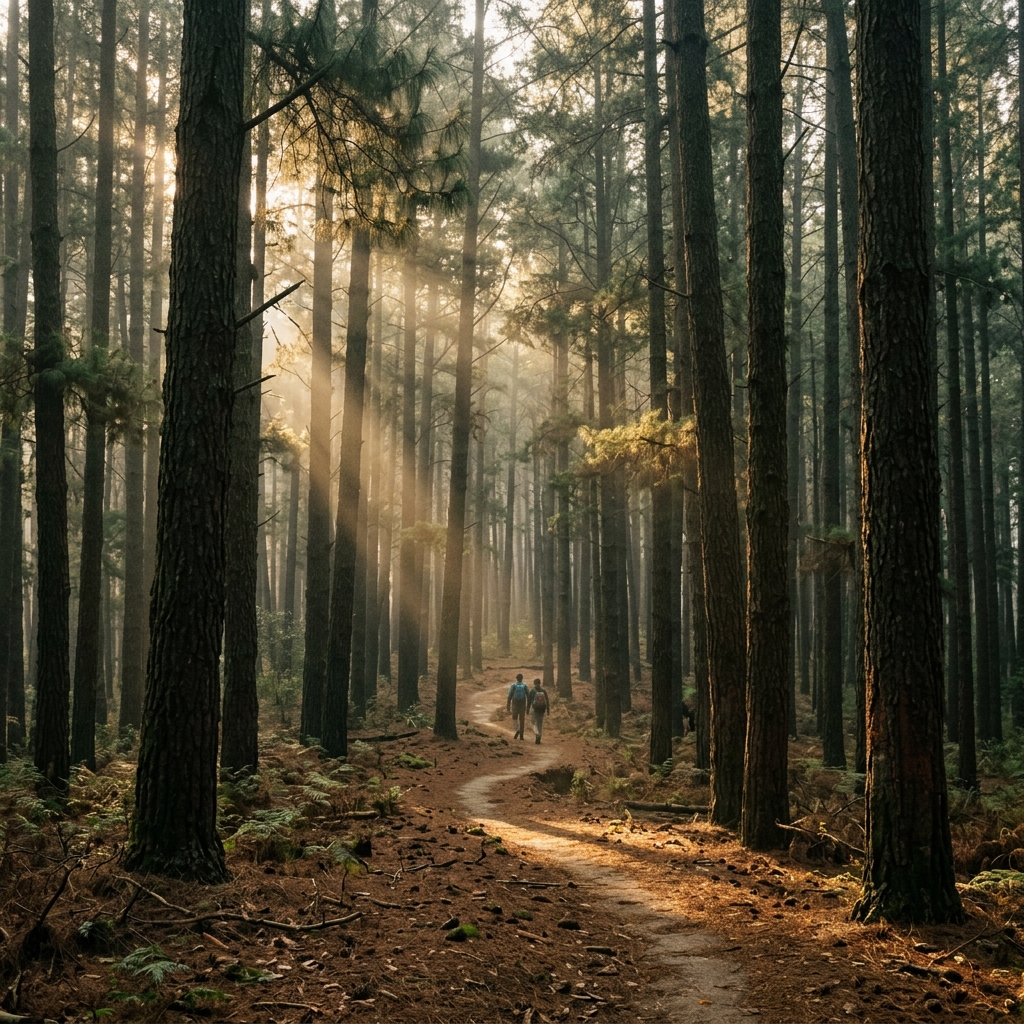 Pine Forest towering trees and sunbeams