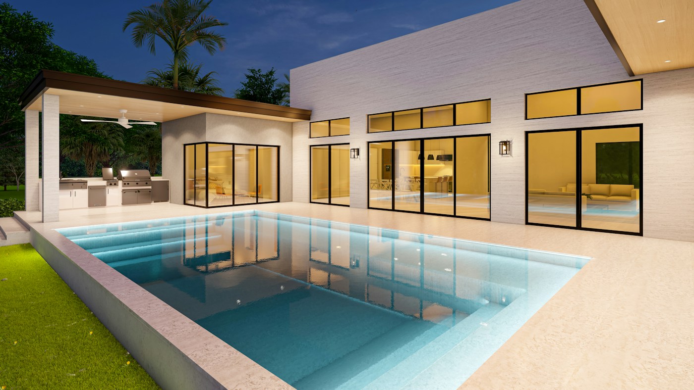 The Aurelia Residence — a modern luxury villa with floor-to-ceiling glass, palms and a lit pool at dusk