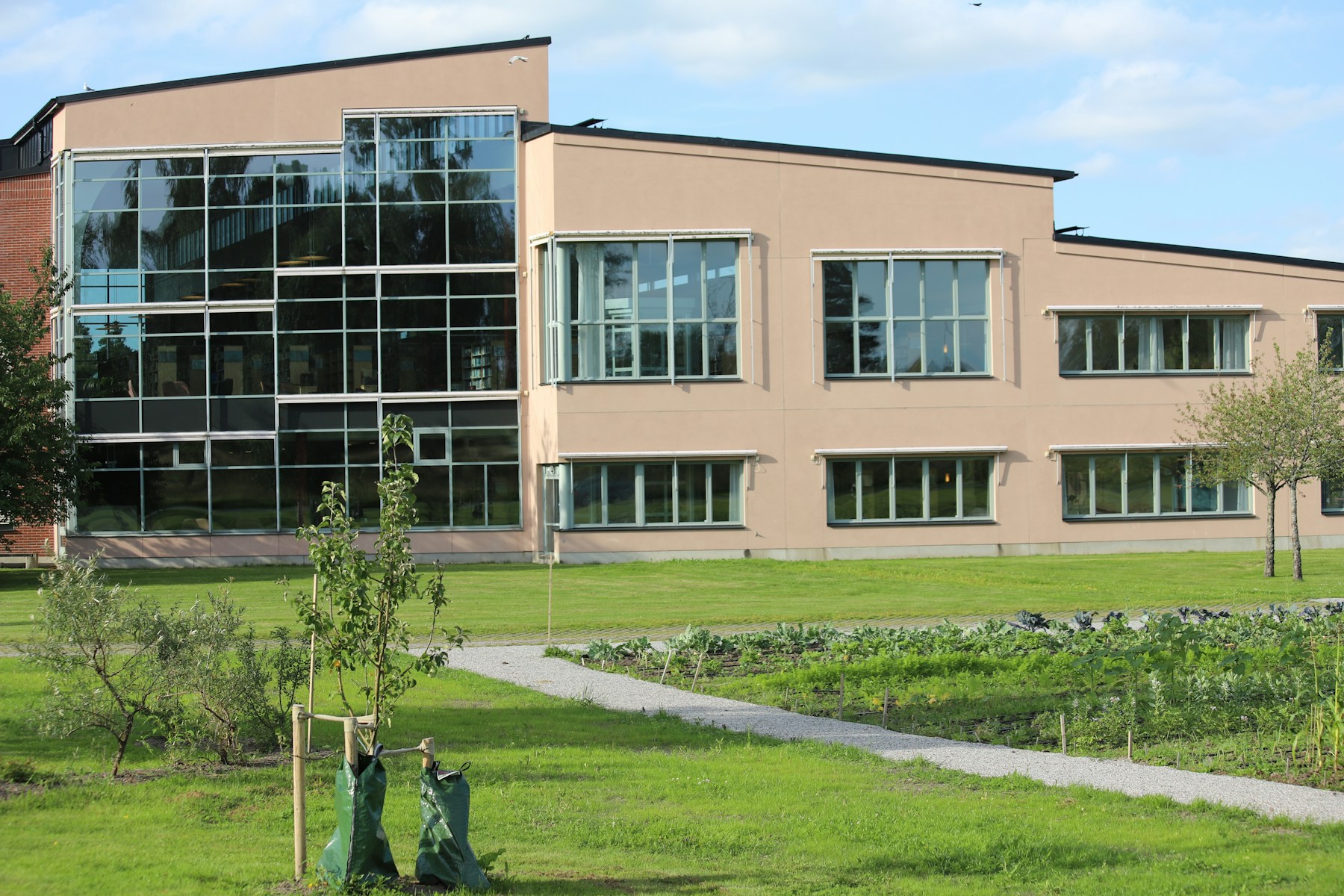 Contemporary education building with a tall glass facade beside a landscaped lawn