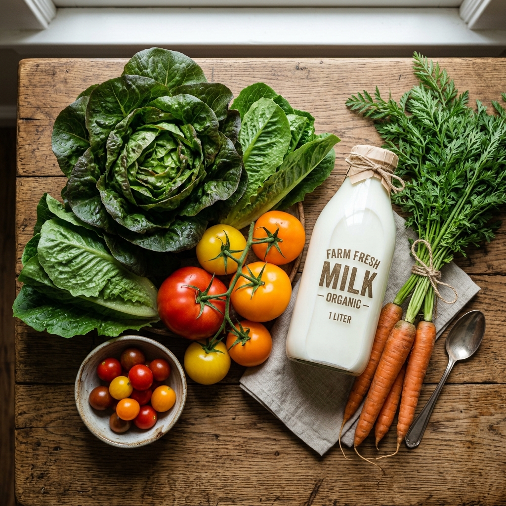 Premium Fresh Vegetables and Organic Milk Bottle