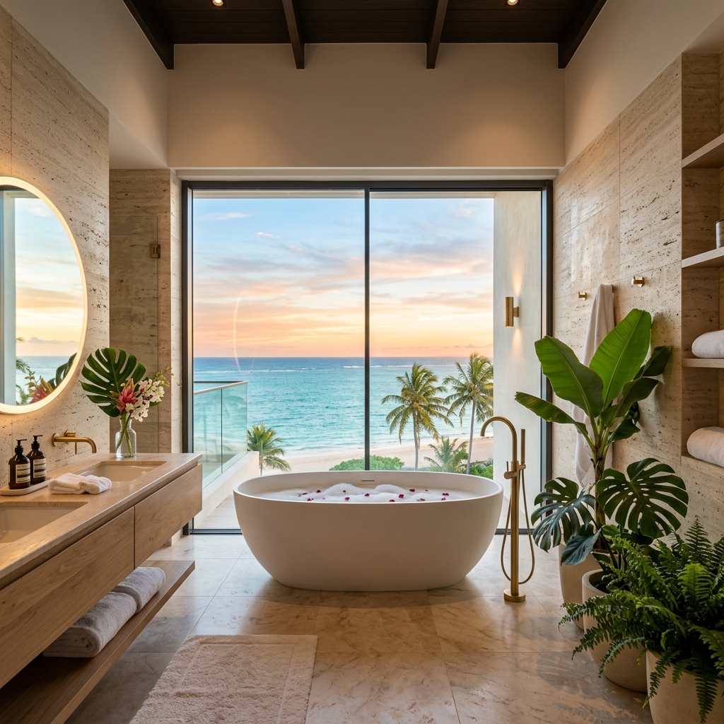 Luxury bathroom interior overlooking mist-clad tea plantations