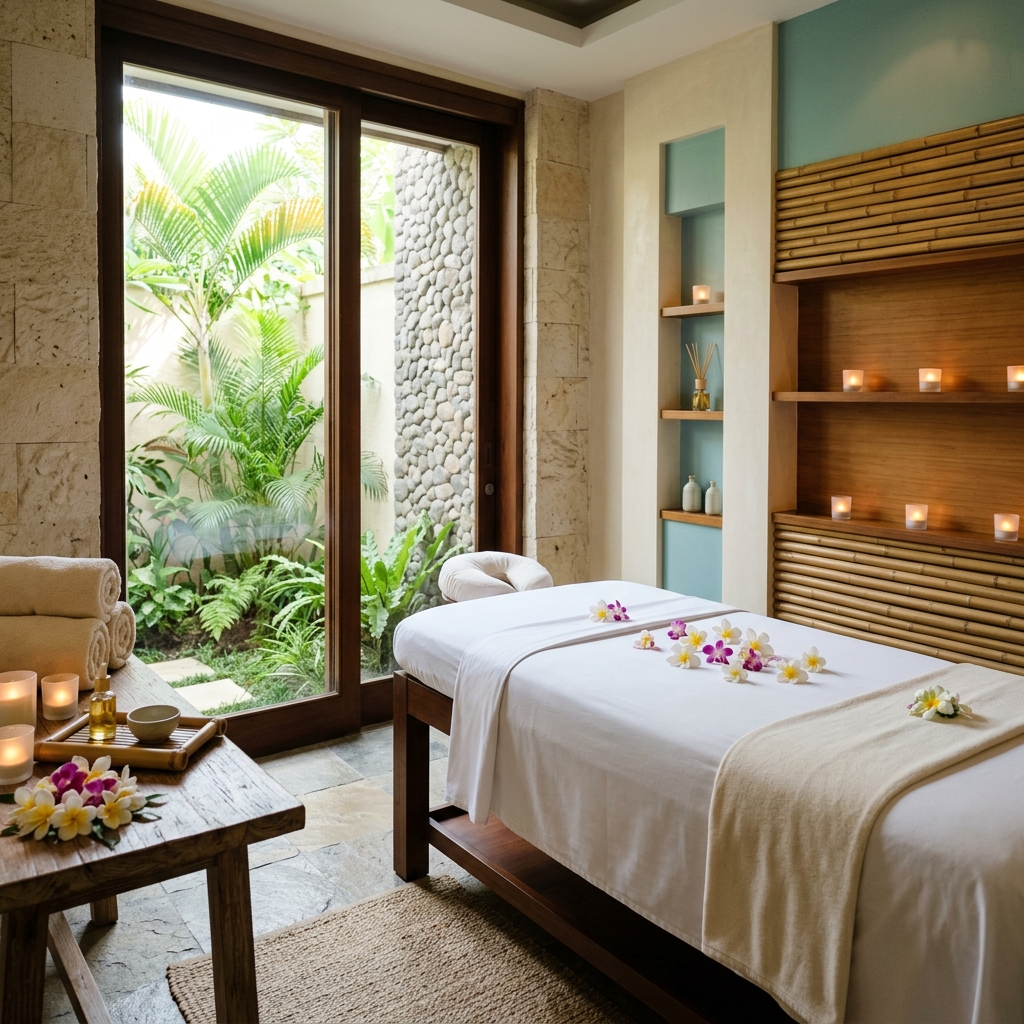 Traditional Ayurvedic spa treatment room overlooking Munnar hills