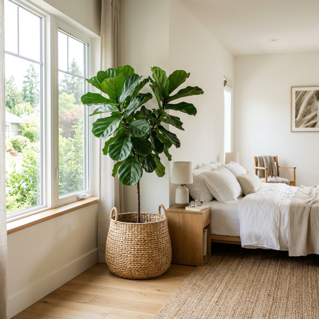 Lush bedroom fiddle leaf fig styling