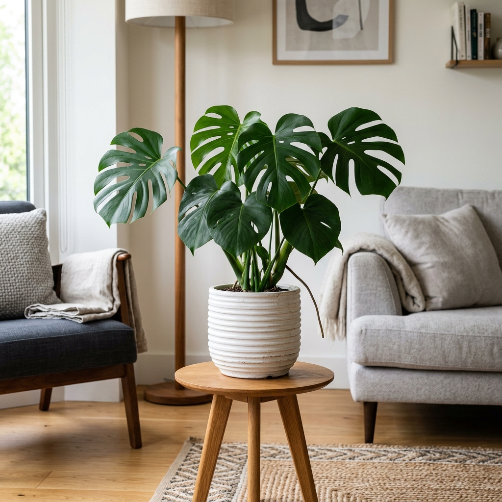 Monstera on wooden table next to sofa