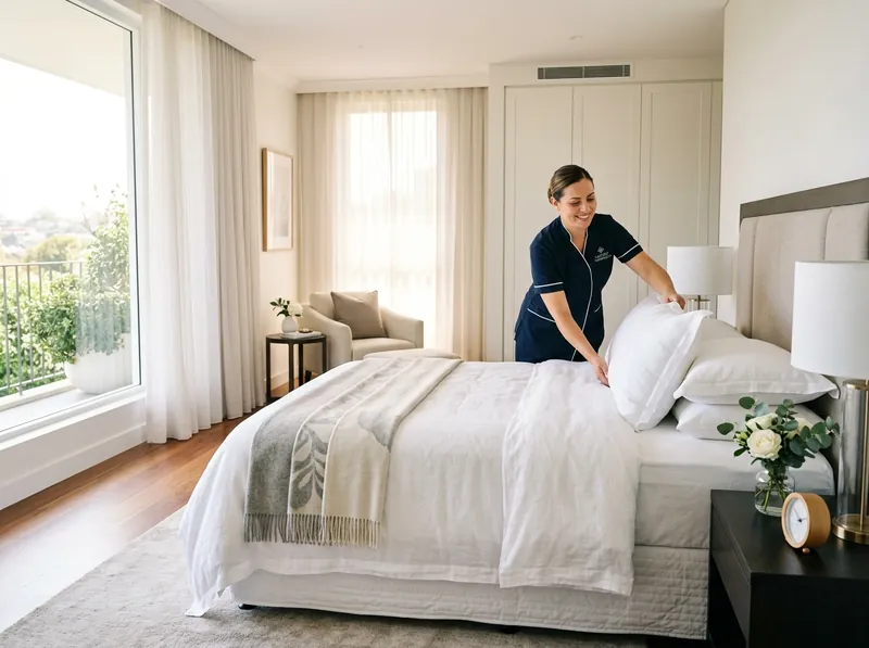 Professional home cleaner dusting and organizing residential interiors