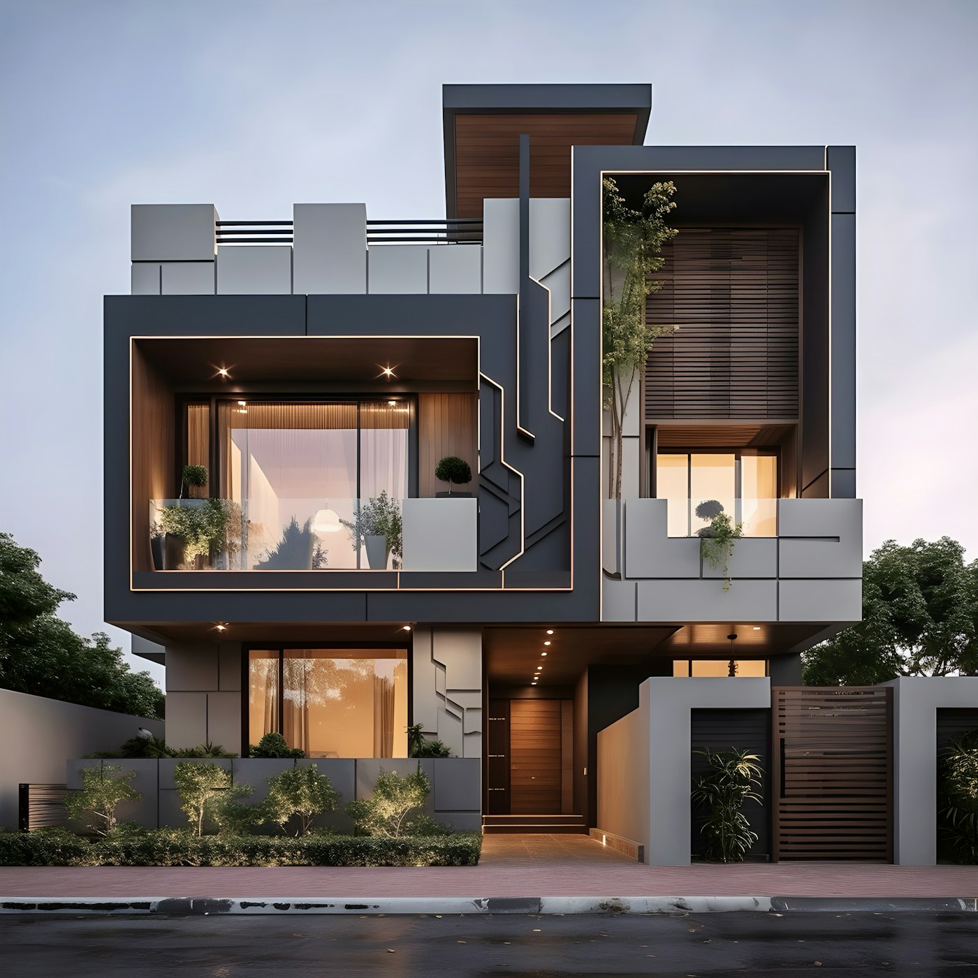 Contemporary two-storey Nexora home with a dark stone facade, timber screens and warm interior lighting at dusk