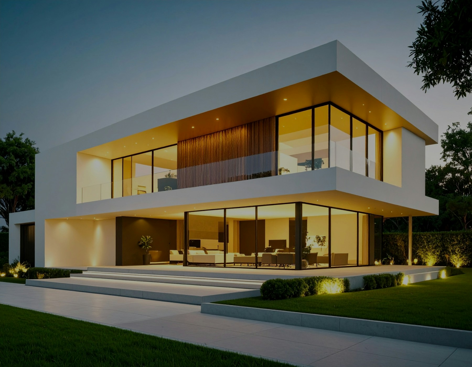 Modern two-storey residence with floor-to-ceiling glazing glowing warmly at dusk