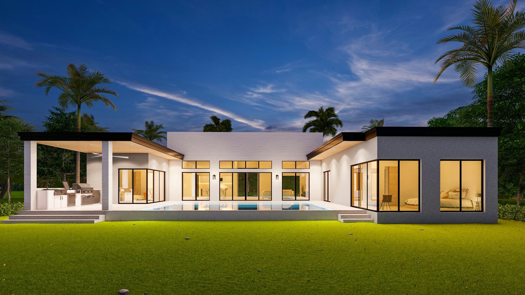 Renovated single-storey villa with a pool and landscaped lawn at dusk