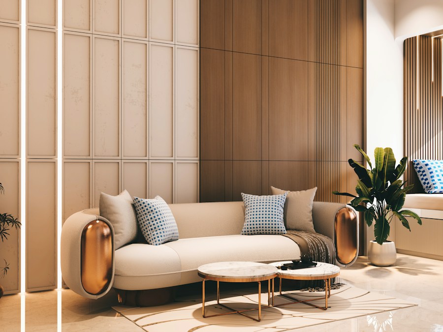 The Solstice Villa — a warm contemporary living room with timber wall slats and a curved sofa