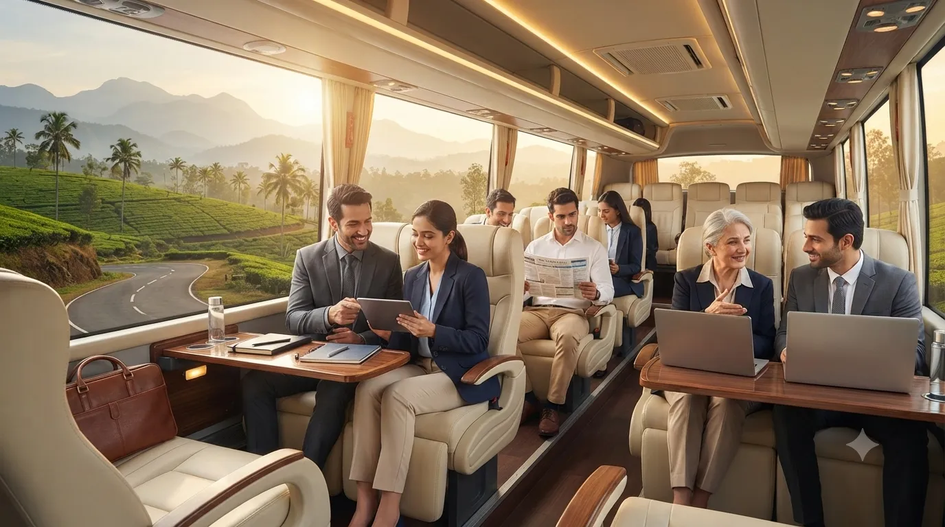 A group of travellers gathered beside a JourneyX tourist coach.