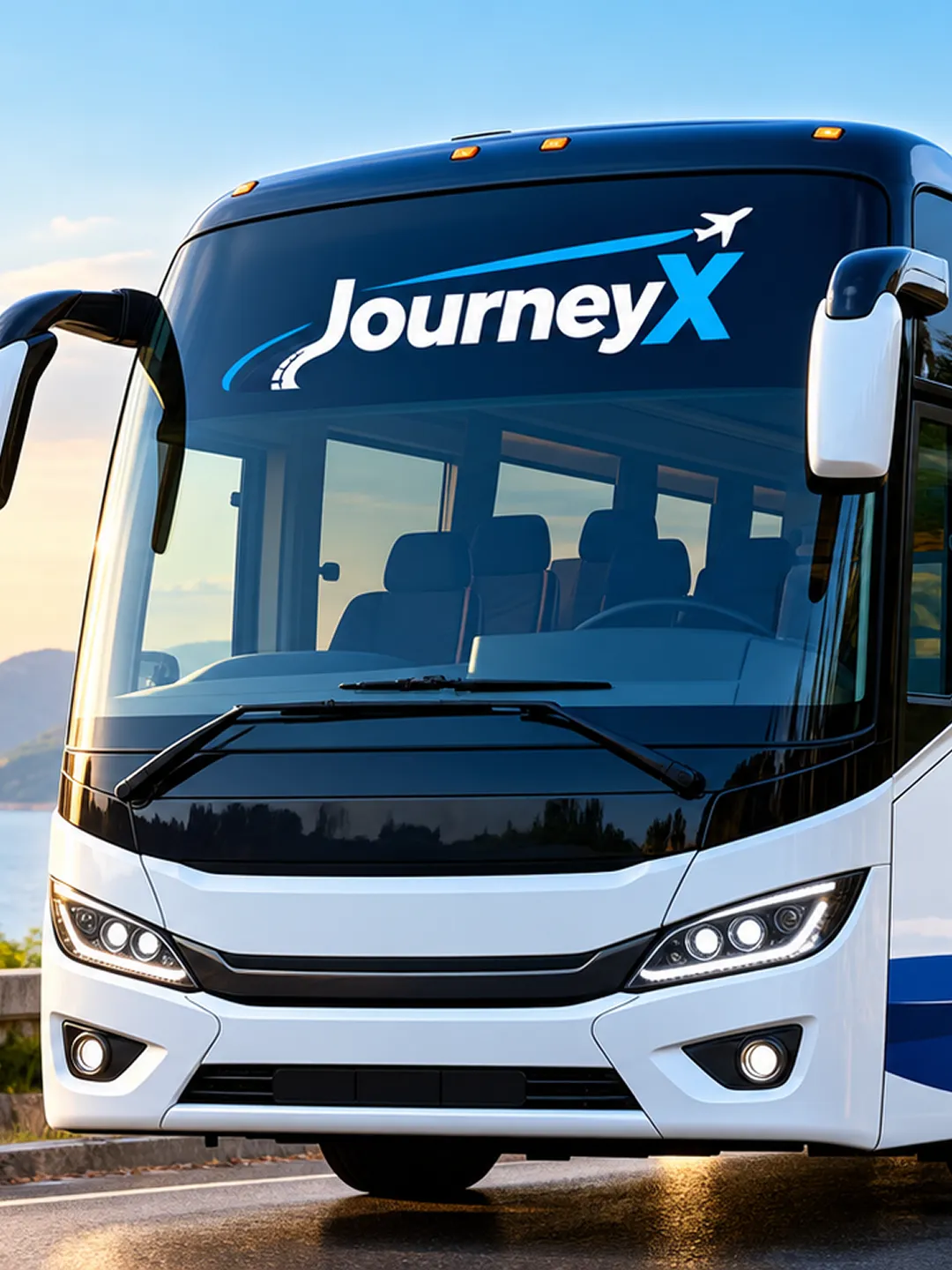 A JourneyX touring coach on a wet hill road under heavy monsoon rain.