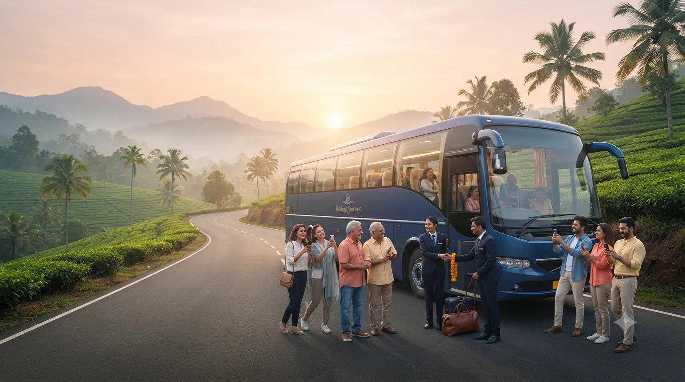 JourneyX travellers gathered on a green Kerala hillside beside their touring coach.