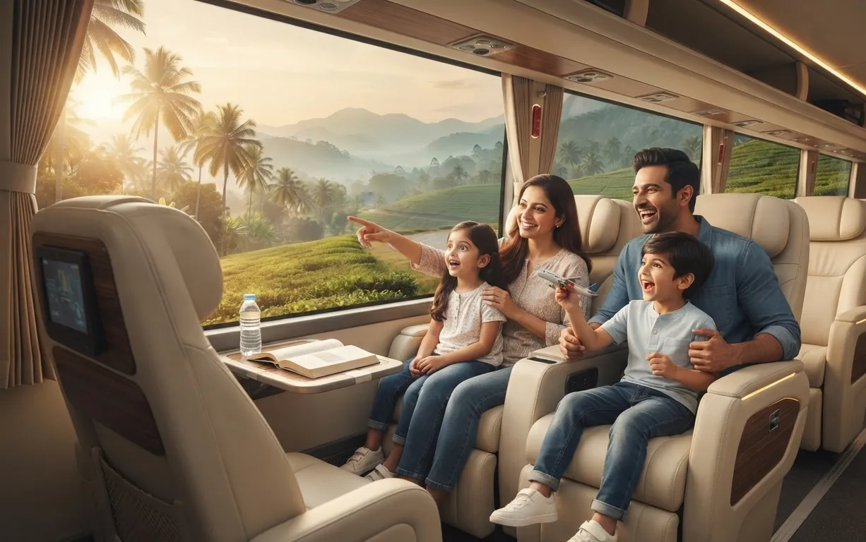 A group of travellers on a green Kerala hillside beside their coach.