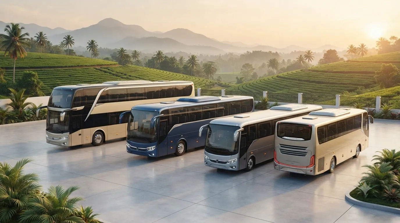 A modern white JourneyX tourist coach parked beneath golden-lit trees.