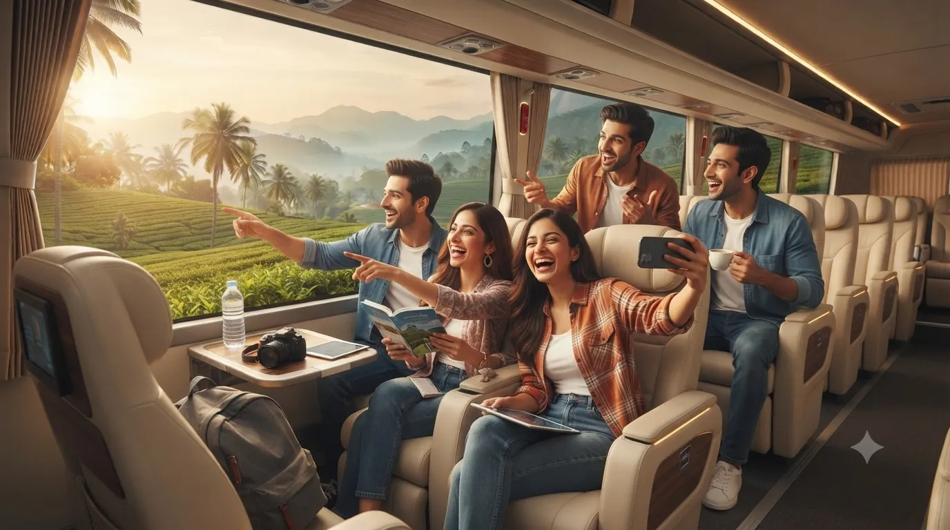 A group of travellers gathered beside a JourneyX tourist coach.