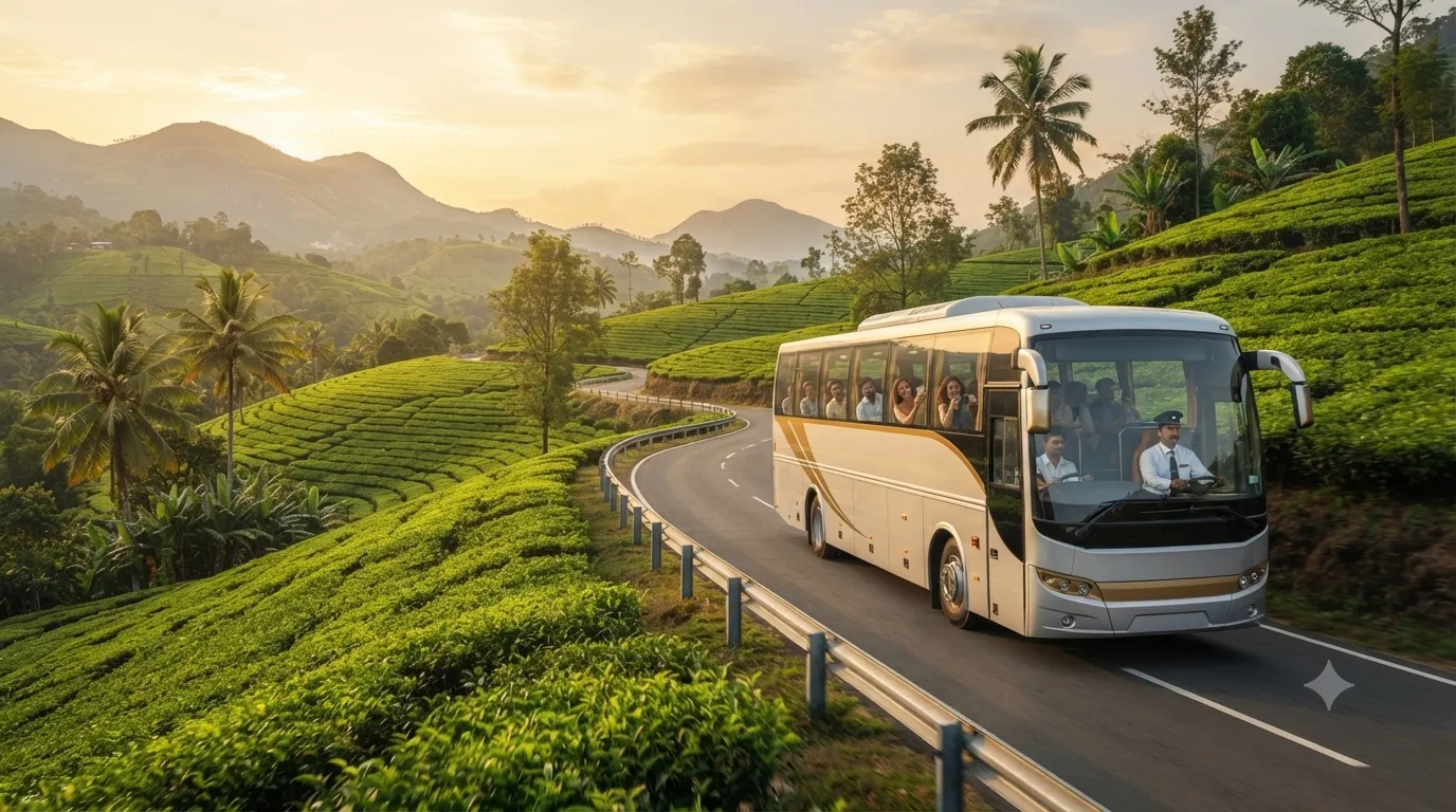 A JourneyX tourist coach travelling a winding hill road in warm golden light.