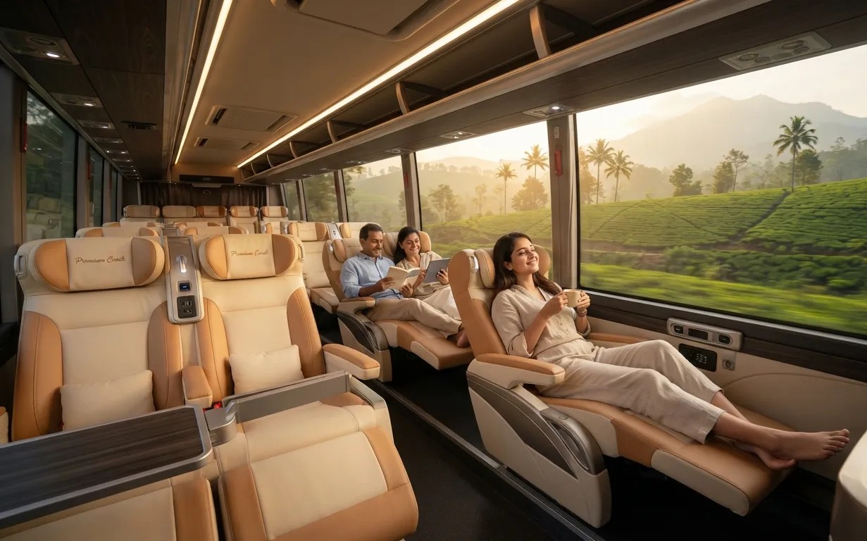 A white JourneyX touring coach parked under trees in warm evening light.