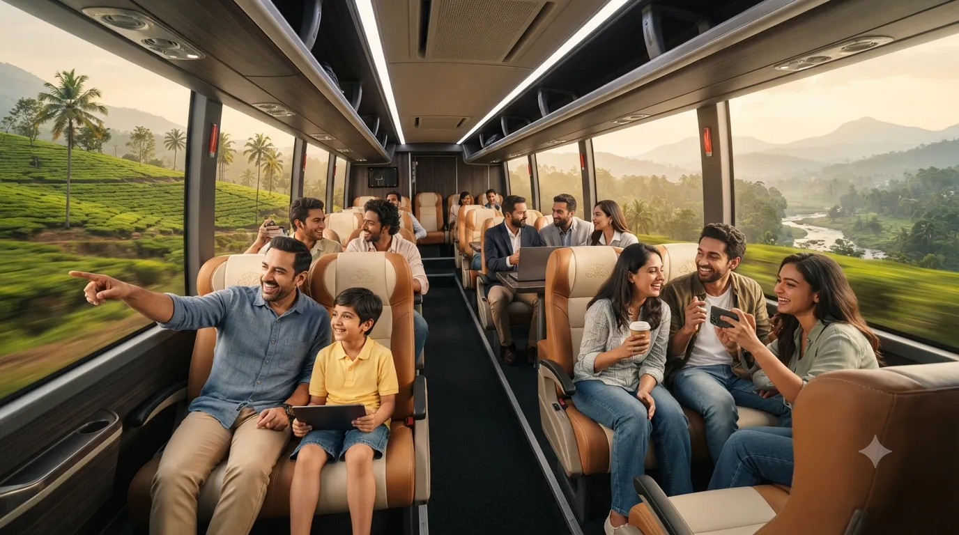 A large travel group gathered in front of a JourneyX coach on a forest road.