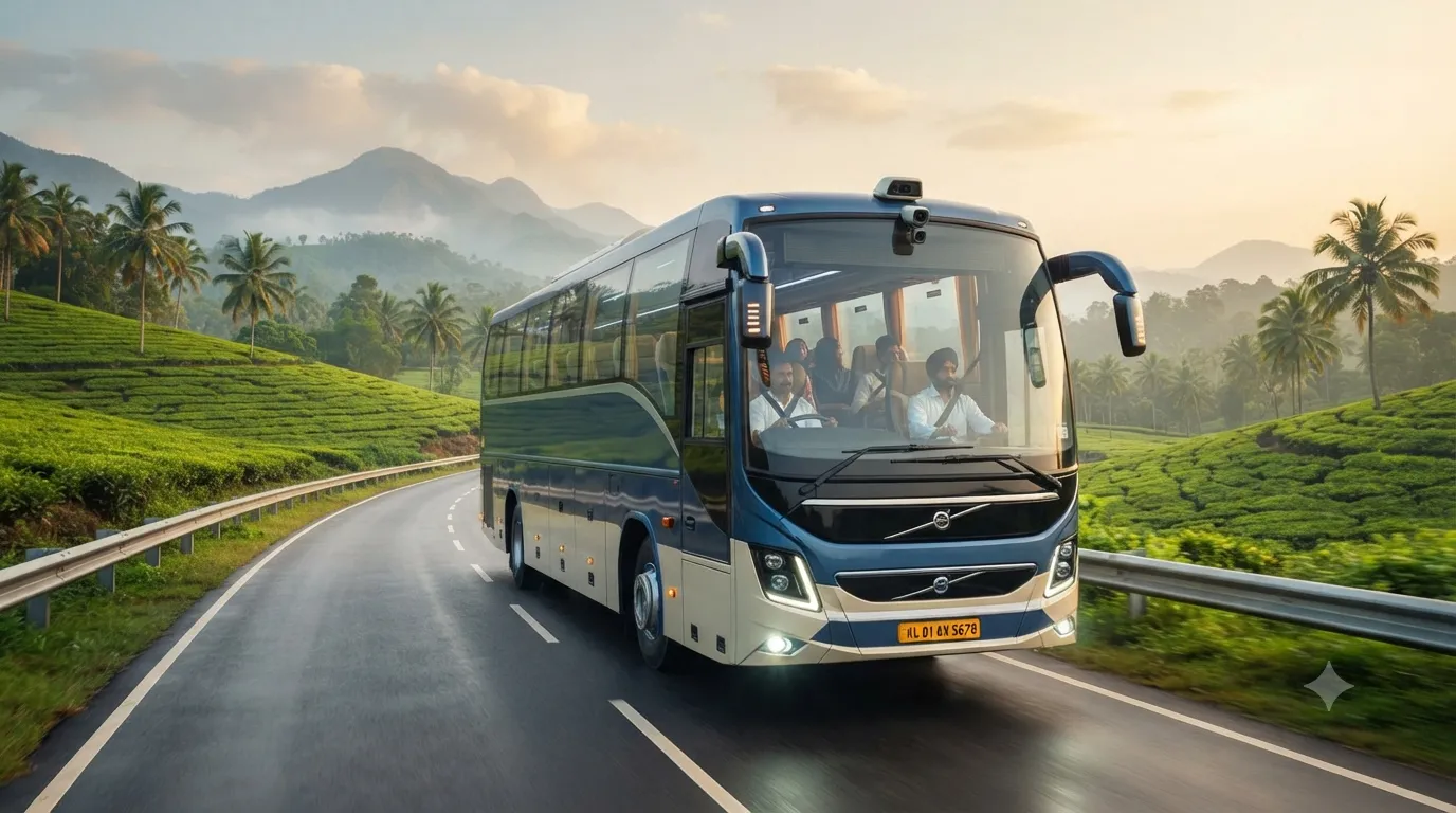 A JourneyX coach with headlights on, moving along a highway in monsoon light.