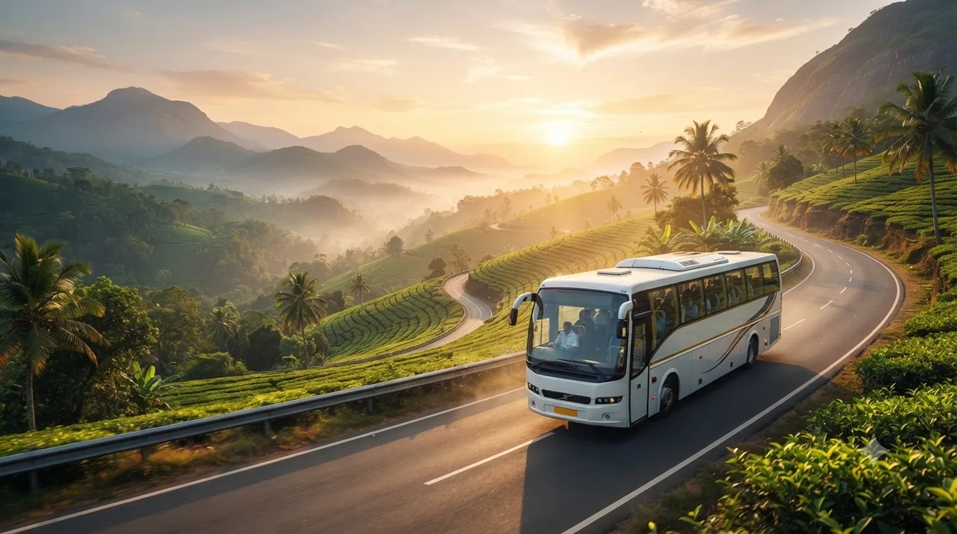 A JourneyX coach on a rain-washed forest road in cool blue-hour light.